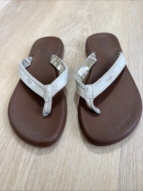 Flojos Women's Brown Footbed Sandals with Cream Straps